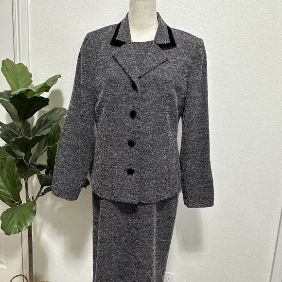 Talbots Women's 2 Pc Wool Blend Speckle Sheath Dress Suit Jacket Sz 10 Gray EUC - Picture 1 of 14